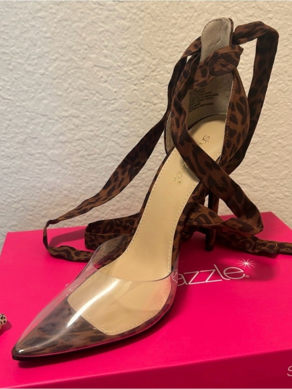 Clear Toe Leopard Print Lace-Up Pointed Toe Heels